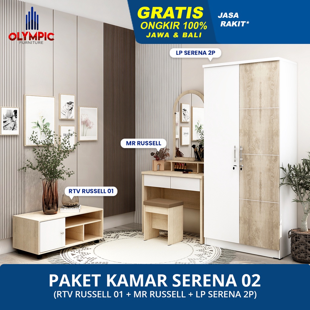 Olympic Paket Kamar Serena 02 - Lemari Baju / Lemari 2 Pintu + Meja rias / Dressing Table + Meja TV / Rak TV / LP SERENA + MR RUSSELL + RTV RUSSELL