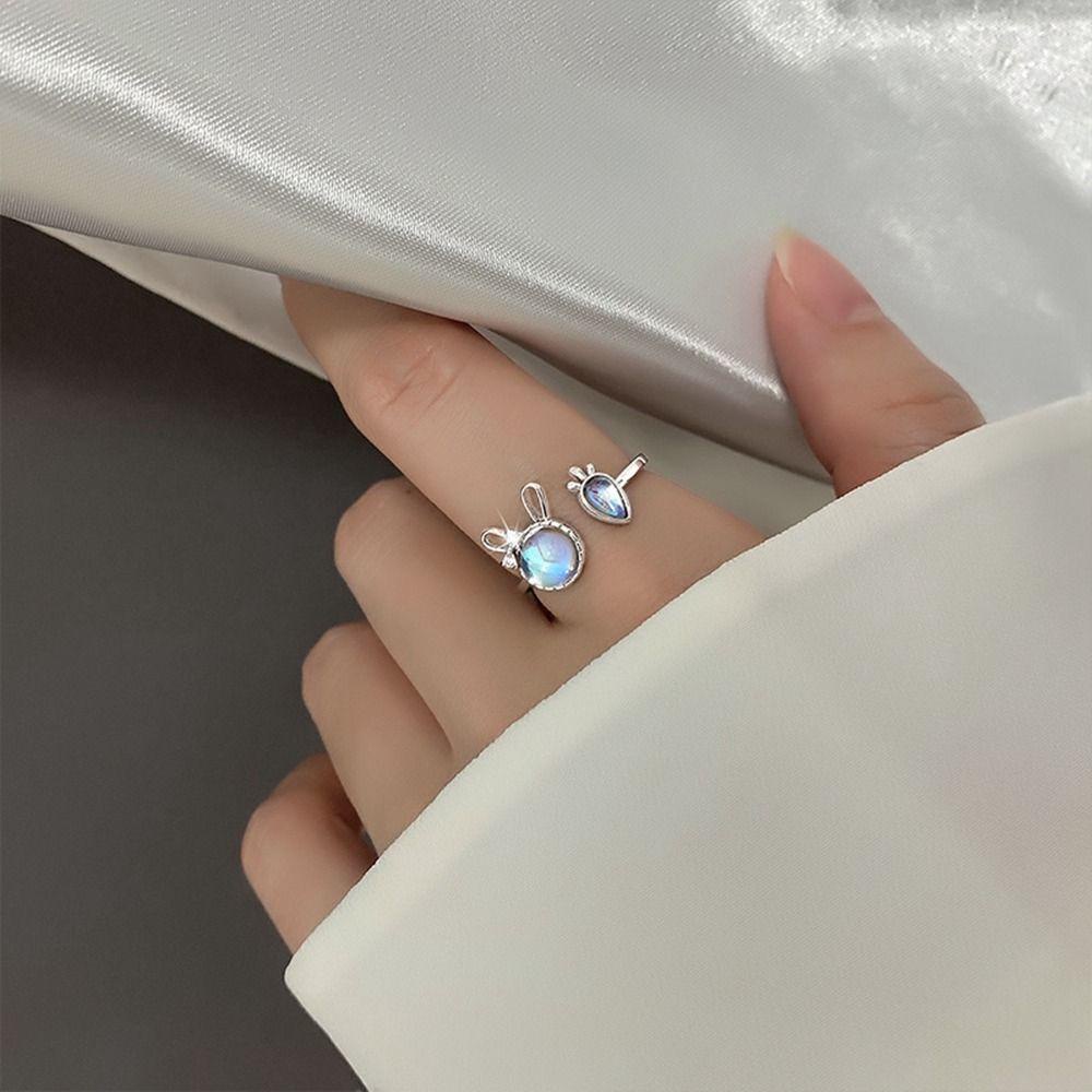 Mxbeauty Cincin Kelinci Trendi Kreatif Vintage Zodiak Kelinci Berlian Berlian Imitasi Tembaga Kristal Moonstone Perempuan Terbuka Ring