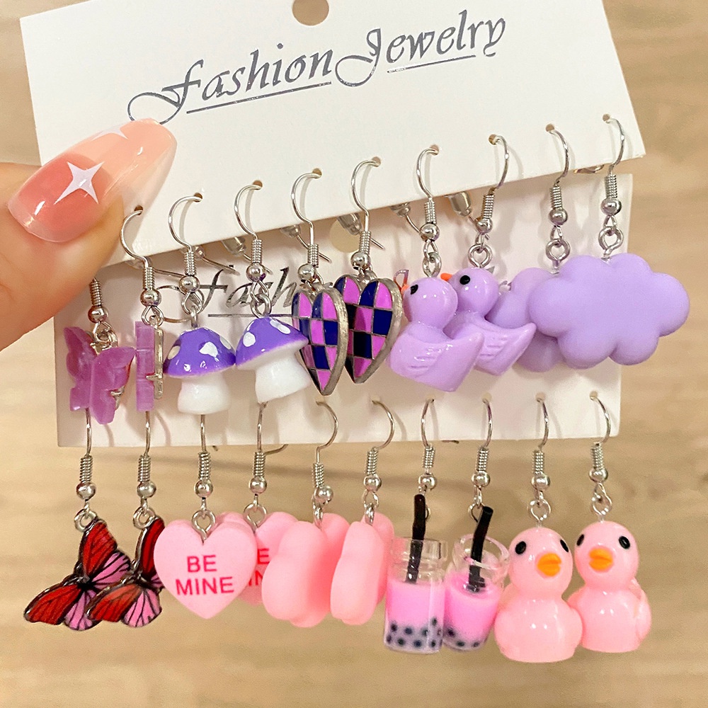 Set Perhiasan Anting Bentuk Jamur Bebek Babi Katak Butterfly Warna-Warni Untuk Wanita