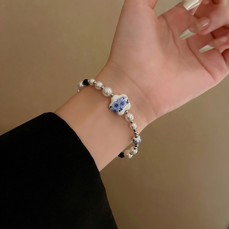 Perhiasan Gelang Tangan Wanita Hias Mutiara Porselen Biru Putih Gaya China