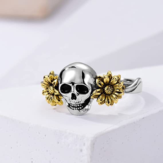 Cincin Desain Tengkorak Bunga Aster Gaya Retro Punk Eropa Amerika