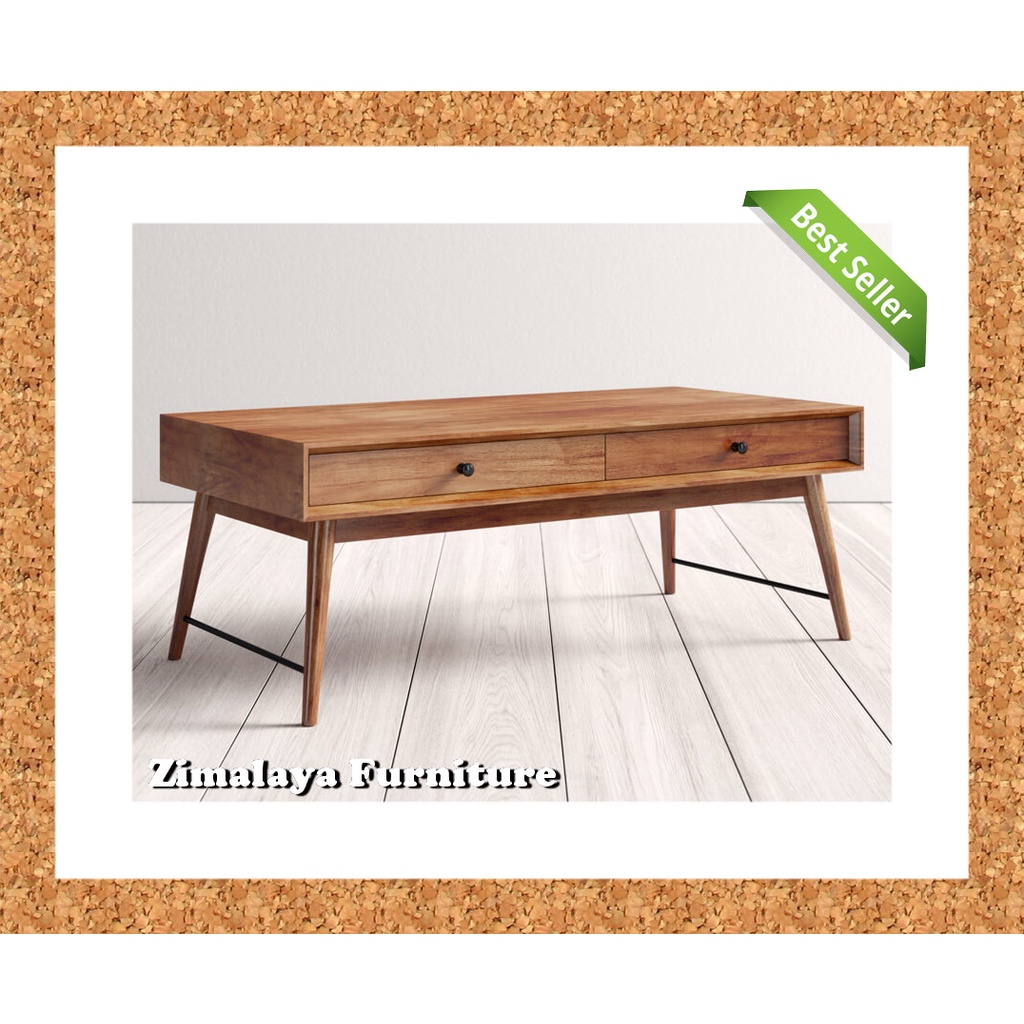 Meja Tamu Jati Model Minimalis Retro 2 Laci, Meja Kopi Retro, Meja Tamu Retro