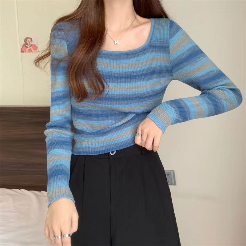 Switer Rajut Wanita Terbaru Lengan Panjang Stripe Knit Top Wanita