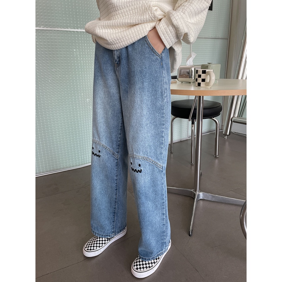 kekinian remaja korea style celana jins wanita / highwaist loose kasual celana jeans panjang wanita