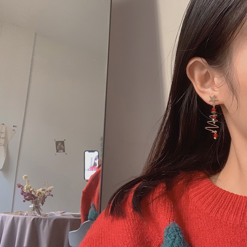 1 Pasang Anting Stud Hias Liontin Pohon Natal Kristal Berlian Gaya Vintage Korea Untuk Wanita