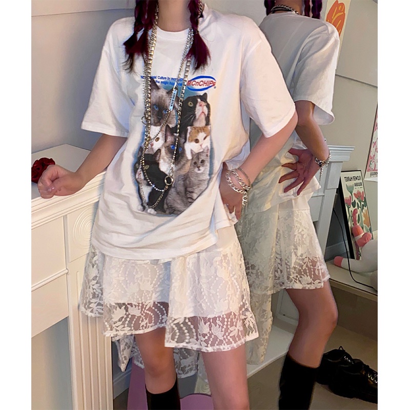 EUNII T-shirt Lengan Pendek Cartoon Cat Korean Style/Kaos Atasan Wanita/Baju Kaus Oversize Wanita