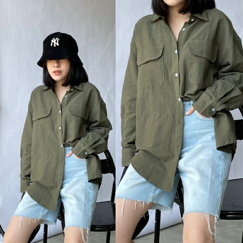 Nindy Oversize Pocket Shirt Kemeja Wanita Kemeja Oversize Baju Murah Baju Wanita Bahan Katun Rami