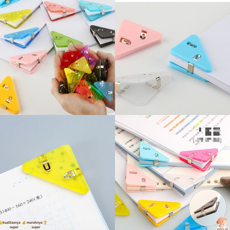

Jepit Kertas Segitiga / Book Paper Corner Clip Binder Clips/Warna Warni/ Bahan Plastik