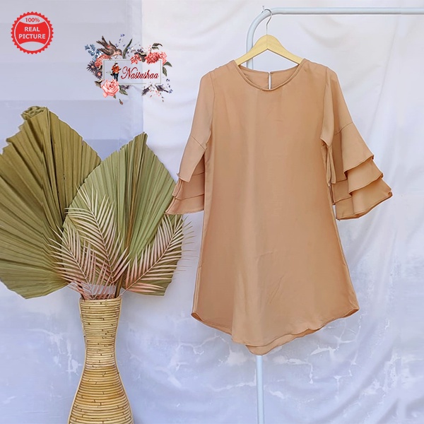 Tunik Wanita Modern Model Lengan Lonceng Tumpuk 7/8 Bahan Wolly Crepe Mocca Baju Atasan Wanita Muslim Terbaru Long Tunik Kekinian