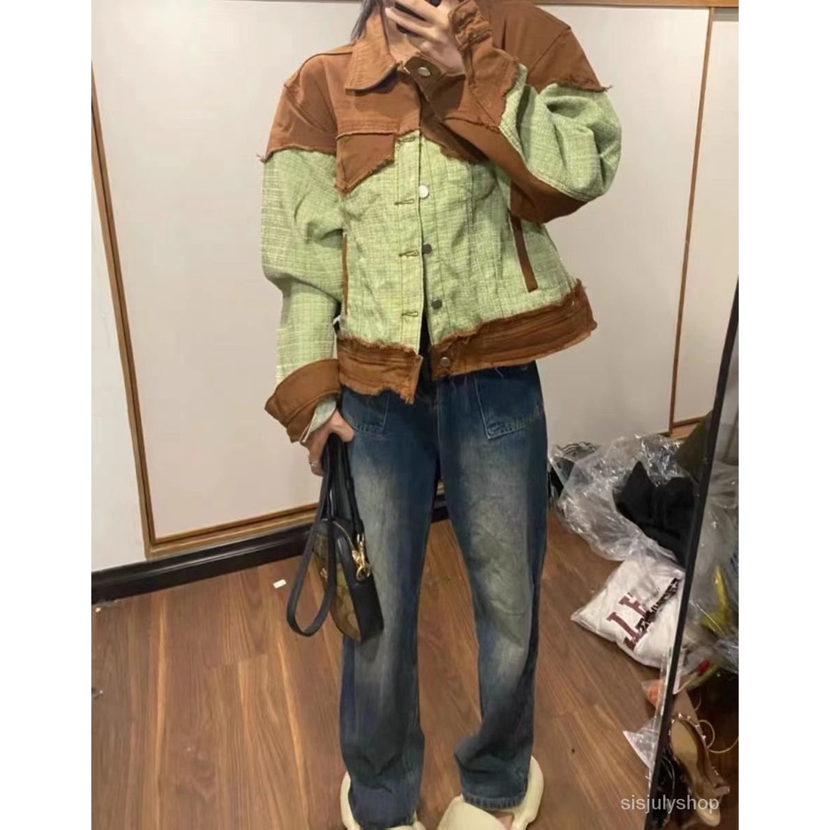 #Sisjuly# Jaket denim jaket wanita baru dupa kecil dupa angin splicing rasa longgar pasang atas