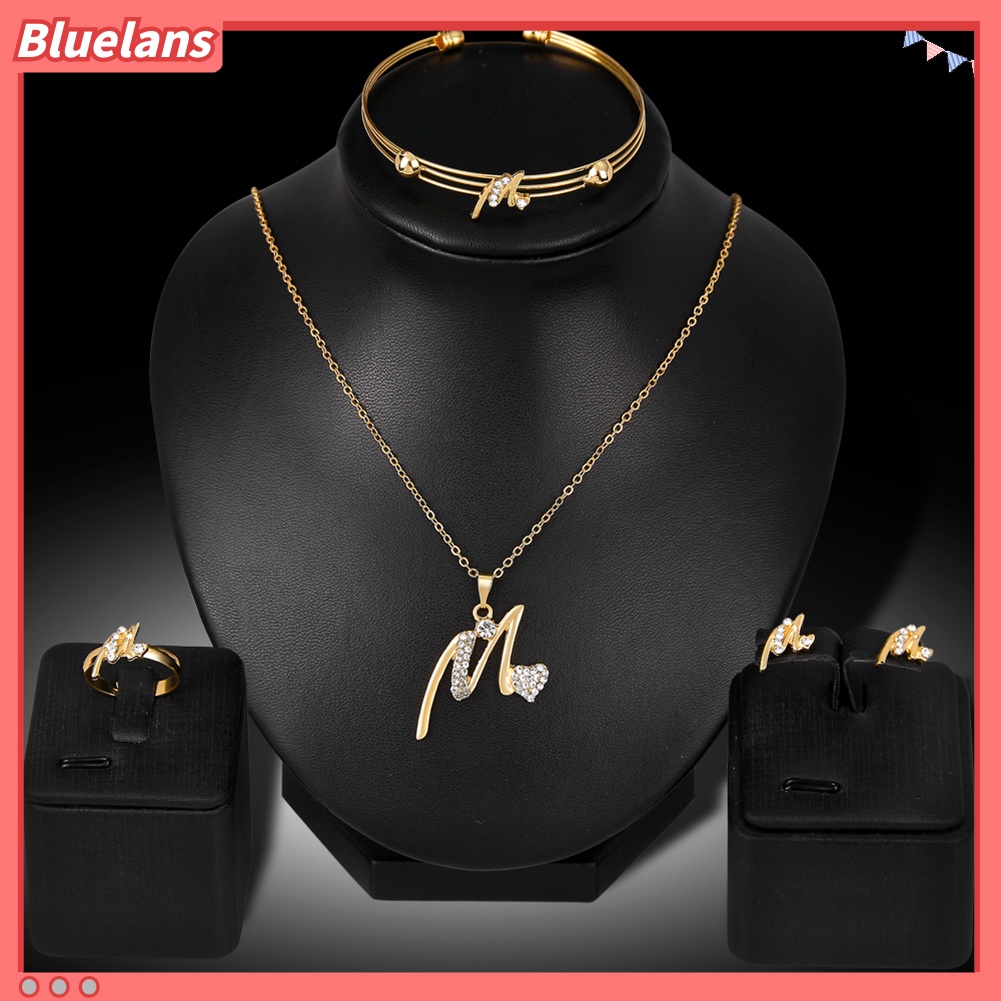 Bluelans KC Gold Plated Rhinestone Heart M Letter Pendant Necklace Ring Bangle Earrings