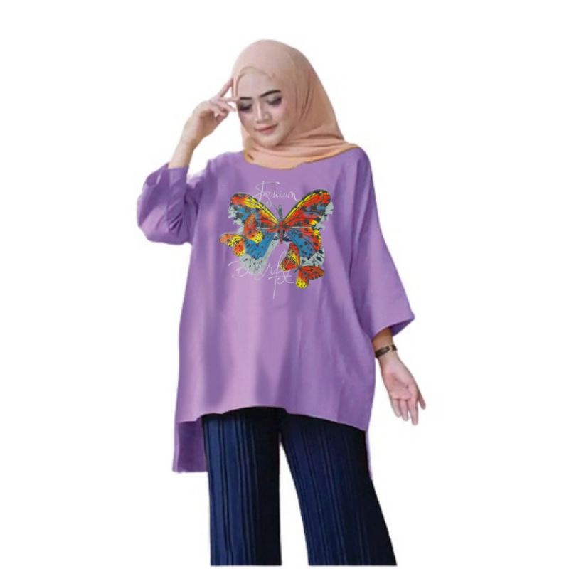 Tunik Wanita Oversize XXL LD 130 Cm Tangan 3/4 Bahan Kaos Babyterry . Baju Wanita Jumbo Atasan Tunik Dewasa Big Size Terbaru 2023 Kekinian Viral Murah butterfly