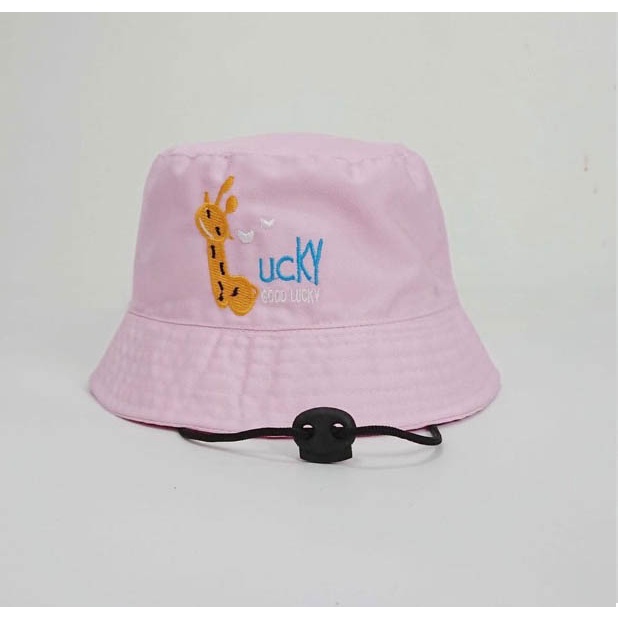 Topi Bucket Anak Motif Jerapah Bordir Good Lucky Unisex Pakai Tali