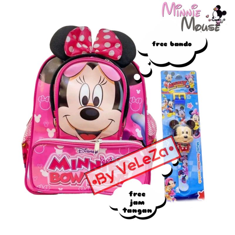 Tas Minnie mouse LOL Tas ransel anak Minnie mouse gratis bando jam tangan - tas anak sekolah TK SD - tas anak