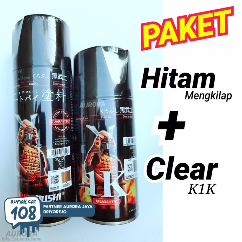 

Rumah Cat - PAKET Samurai Hitam mengkilap Black 109 + Clear K1K Cat Pilox Pylox Pilok Gloss Kilap Glos | Rumah Cat Mobil dan Motol