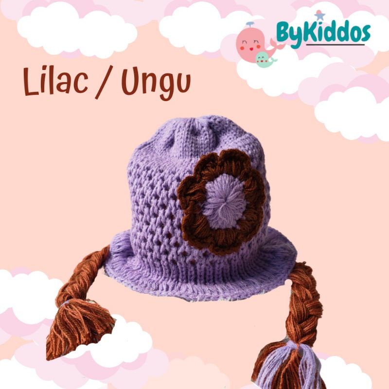 Topi Bayi Kupluk Wig Kepang Bunga Pita wig usia 6-24 Bulan