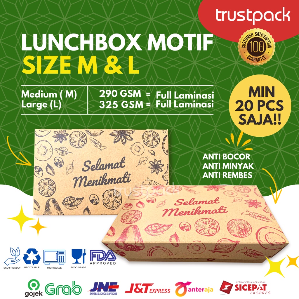 PAPER LUNCH BOX SIZE M&amp;L MOTIF KRAFT LAMINASI KOTAK TAKEAWAY  EKONOMIS