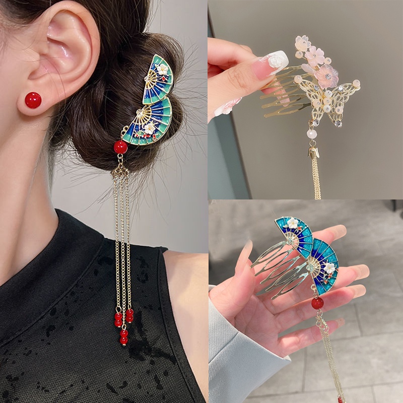 Jepit Rambut Model Kipas Butterfly Rumbai Bunga Gaya China Untuk Wanita