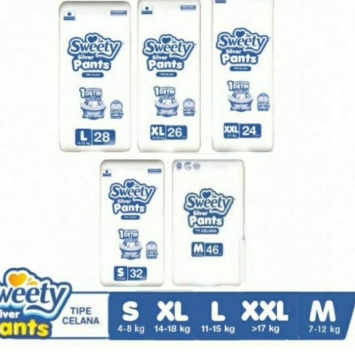 Miliki Sweety silver pants S32  M30 pcs ,L28pcs ,xl 26 pcs, XXL 36pcs,XXL 24 pcs Kemasan ecommerce(k