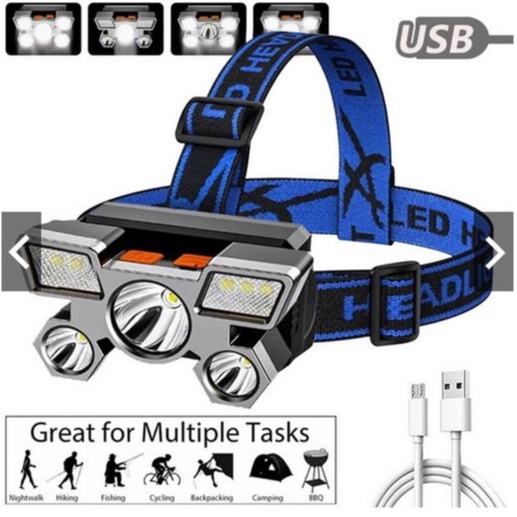 Senter Kepala Mini 5 LED 30W + 10W / Headlamp USB Rechargeable / Senter Kepala Mini Cas