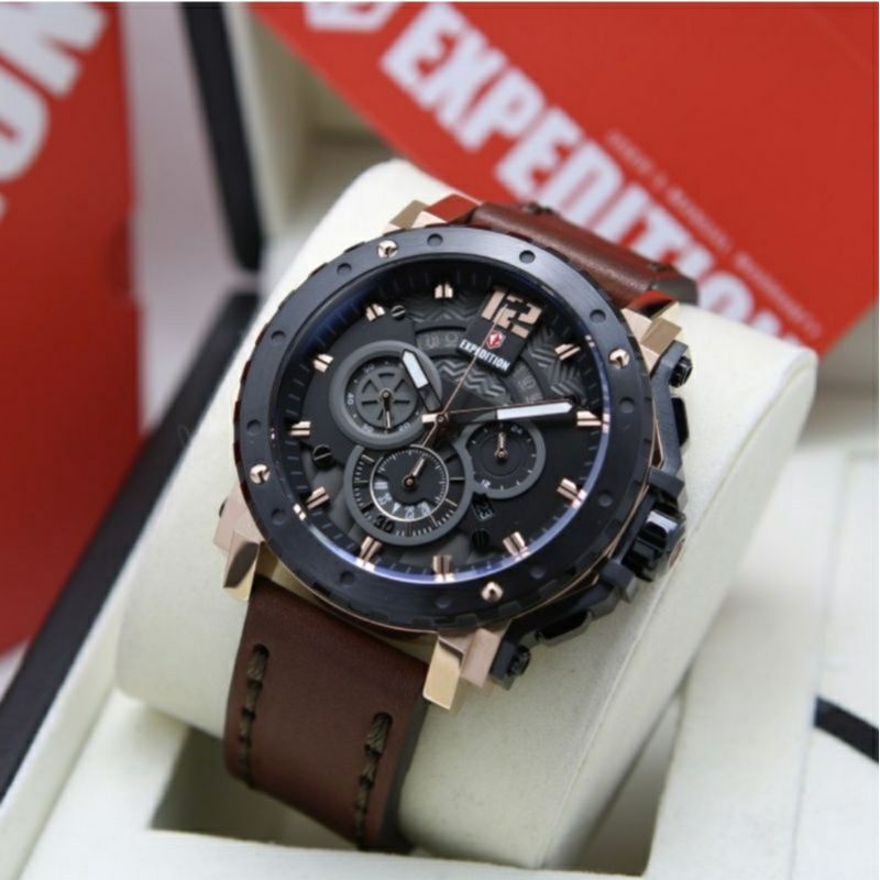expedition E 6402 jam tangan original pria tali kulit coklat tua chrono stopwatch case full hitam le