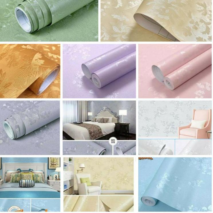 Star seller-- Wallpaper Sticker Wallpaper Dinding Ruang Tamu Motif Polos | Putih Salur Bunga | Cream