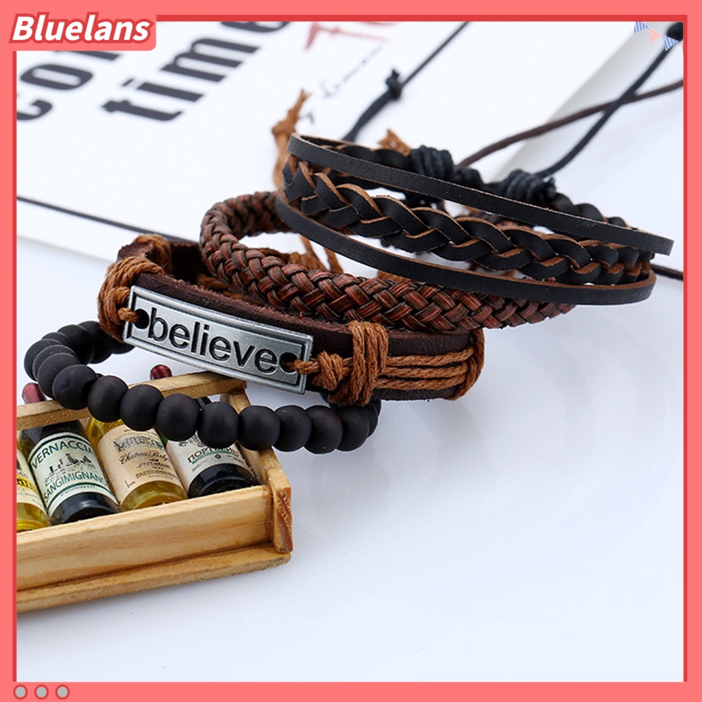 Bluelans 4Pcs Men Fashion Adjustable Faux Leather Braided Rope Believe Letters Beaded Bracelet