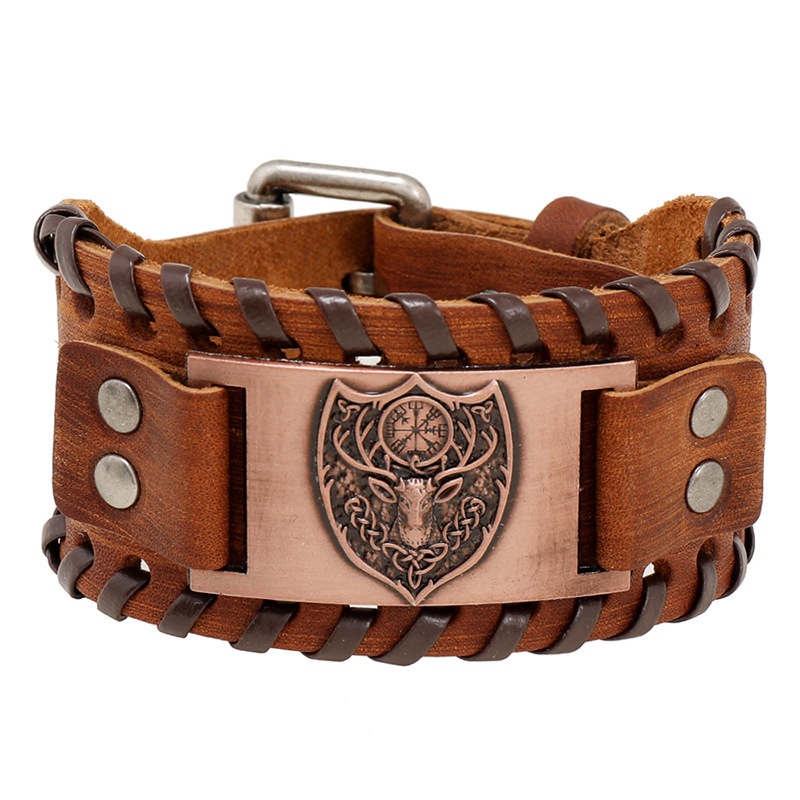 [Z H Perhiasan] Hip Hop Retro Viking Fashion Pria Anyaman Kulit Perisai Gelang Pesta Perhiasan Aksesoris