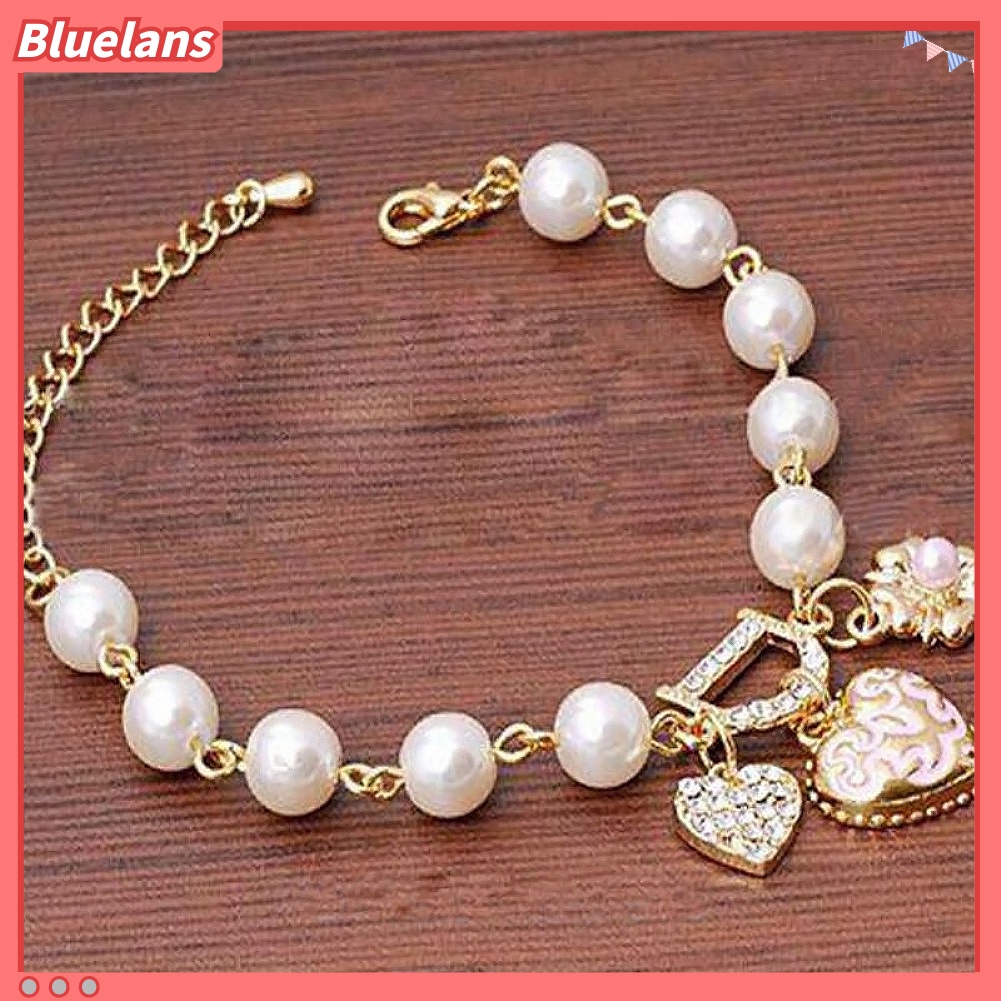 [bluelans]Perhiasan Gelang Mutiara Imitasi Desain Hati Hias Berlian Imitasi untuk Hadiah Pesta