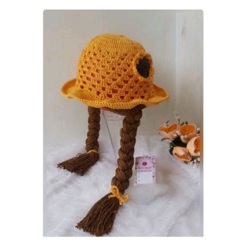 Topi Bayi Kupluk Wig Kepang Bunga Pita wig usia 6-24 Bulan