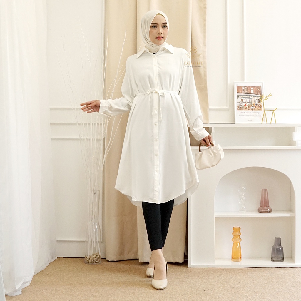 Baju Kemeja Long Tunik Muslim Putih Polos Lengan Panjang Wanita Bahan Import Rayon Premium