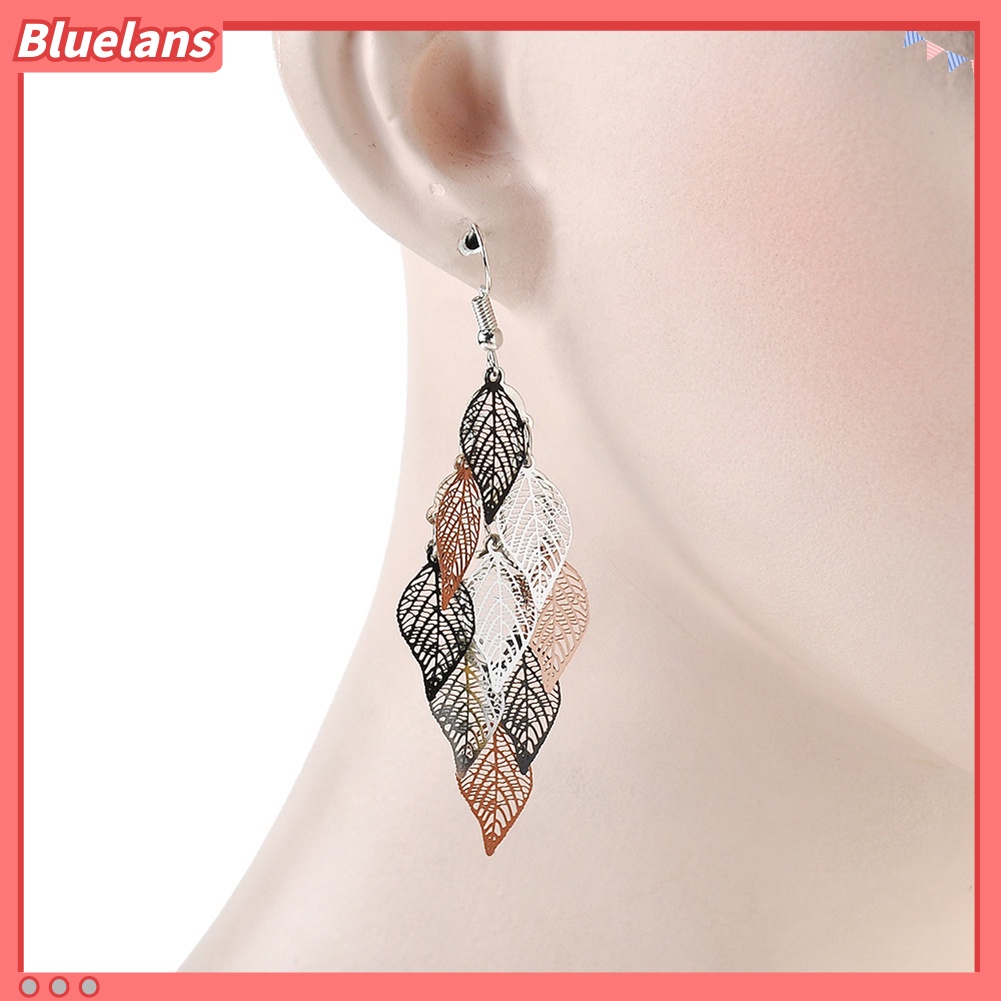 Bluelans Lady Colorful Multi Layers Hollow Leaf Elegant Hook Earrings Jewelry Decor