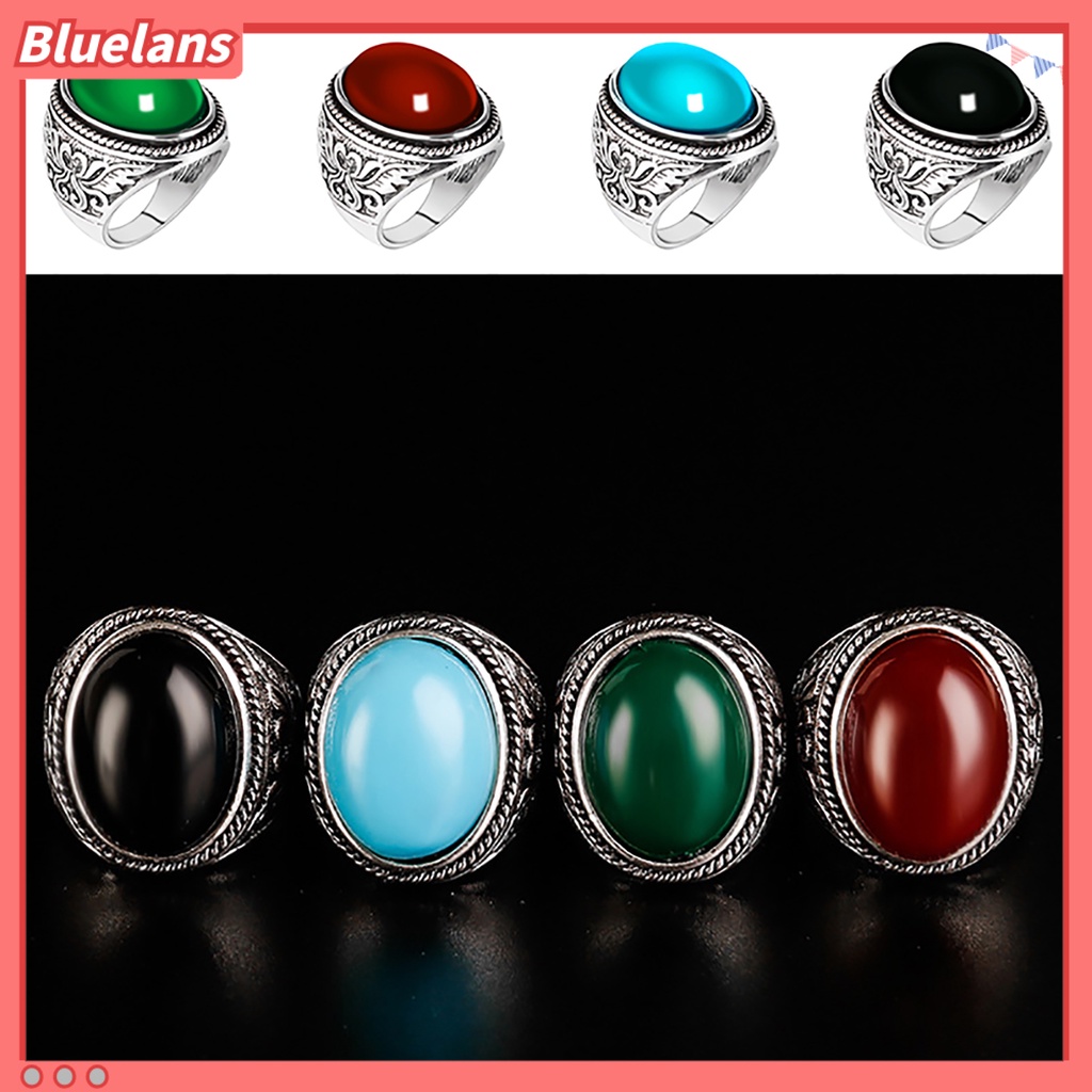 Bluelans Men Vintage Artificial Gem Carving Band Finger Ring Jewelry Party Banquet Gift