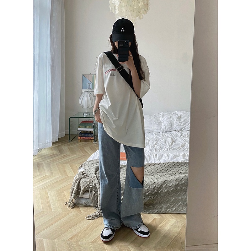 Biru Highwaist Loose Premium Robek Serbaguna Celana Jeans Wanita