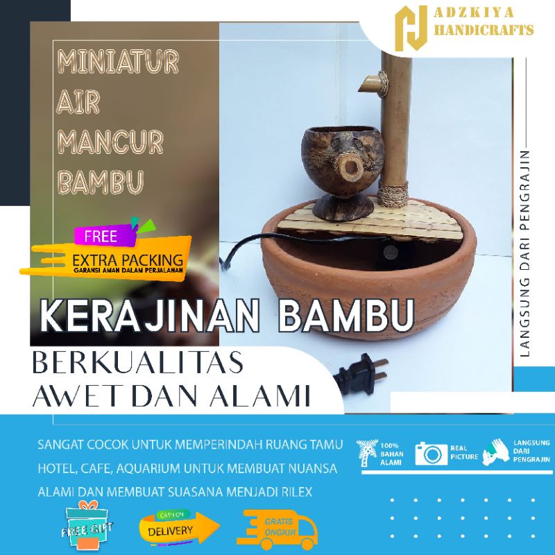 hiasan ruang tamu, kerajinan bambu miniatur air mancur bambu unik