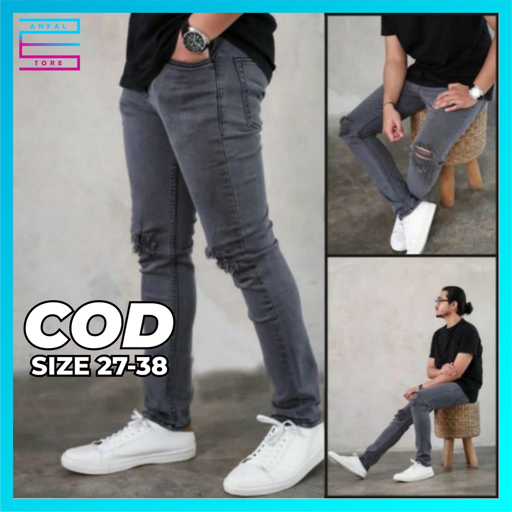 Celana jeans pria sobek lutut ripped, celana jeans panjang strech robek skinny