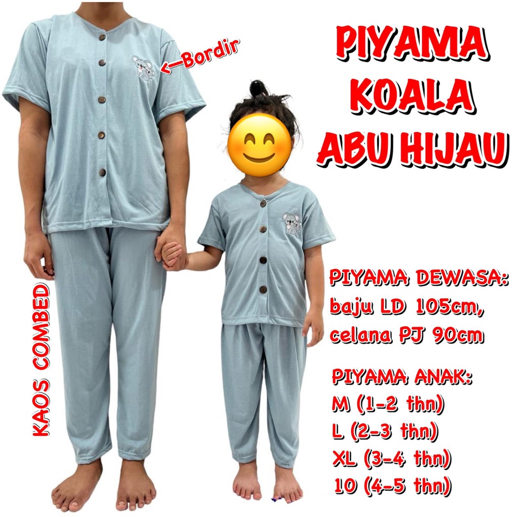(1 KG MUAT 3 STEL) BAJU TIDUR BISA PASANGAN/COUPLE IBU ANAK MOM KIDS PIYAMA KAOS KANCING KOALA ABU
