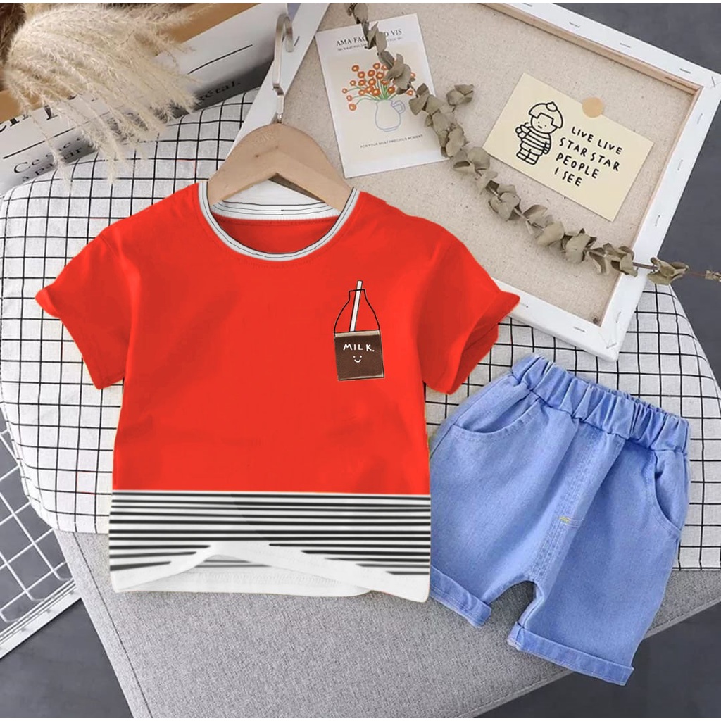 SETELAN ANAK BAJU KAOS BAHAN KATUN CELANA PENDEK BAHAN DENIM UMUR 1-5 TAHUN MOTIF BBOTTLE MILK BAJU ATASAN ANAK LAKI LAKI PEREMPUAN TERBARU OUTFIT ANAK MASA KINI TERLARIS