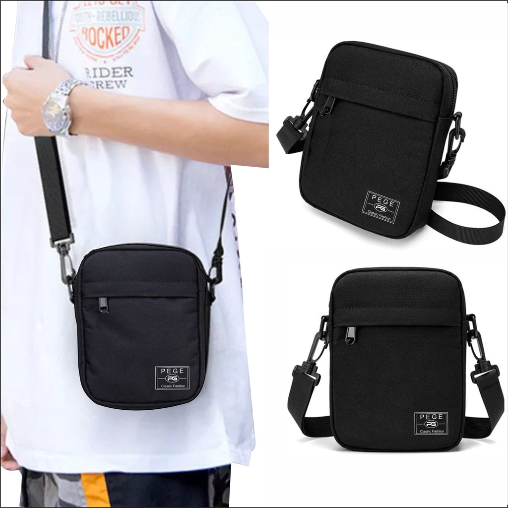 Tas Selempang Slingbag Bahu Pria Polos Kasual Hitam Slempang Cowok Keren Murah - PG - 8864