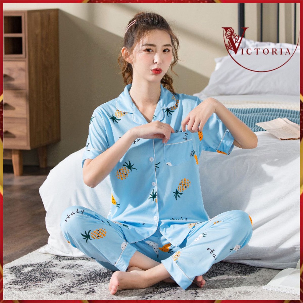 Victoria Baju Tidur Wanita Import Setelan Piyama Motif Kartun Lucu Lembut Fit to XXL 4074