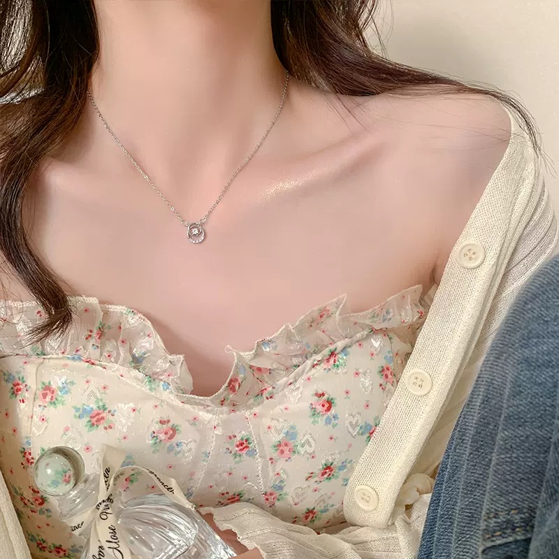 Kalung Rantai Klavikula Hias Liontin Kristal Bentuk Bulat Untuk Wanita