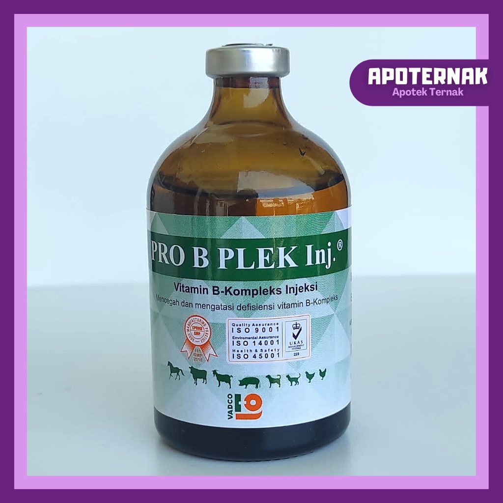 PRO B PLEK Inj 100 mL | Mencegah dan Mengatasi Defisiensi Vitamin B-Kompleks Pada Sapi Kambing Domba Kuda Anjing Kucing Ayam| VADCO | Apoternak