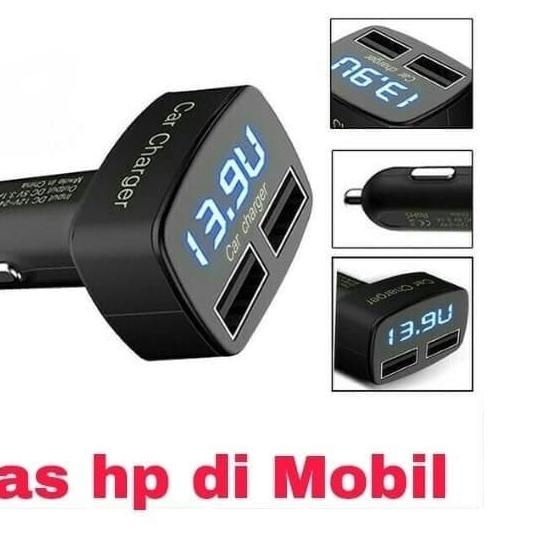 Car Charger 4 in 1 Mobil Voltmeter, AmpereMeter, Temperature Charger - Biru.