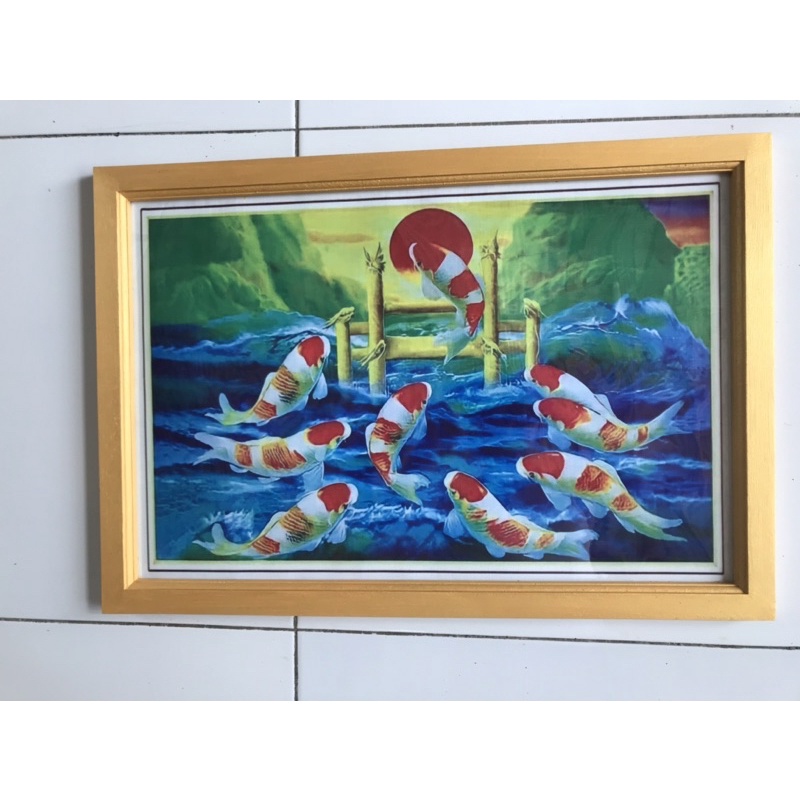 Hiasan Dinding Gambar Cetak Lukisan 9 ikan koi melompat plus bingkai uk:45cm x 65cm