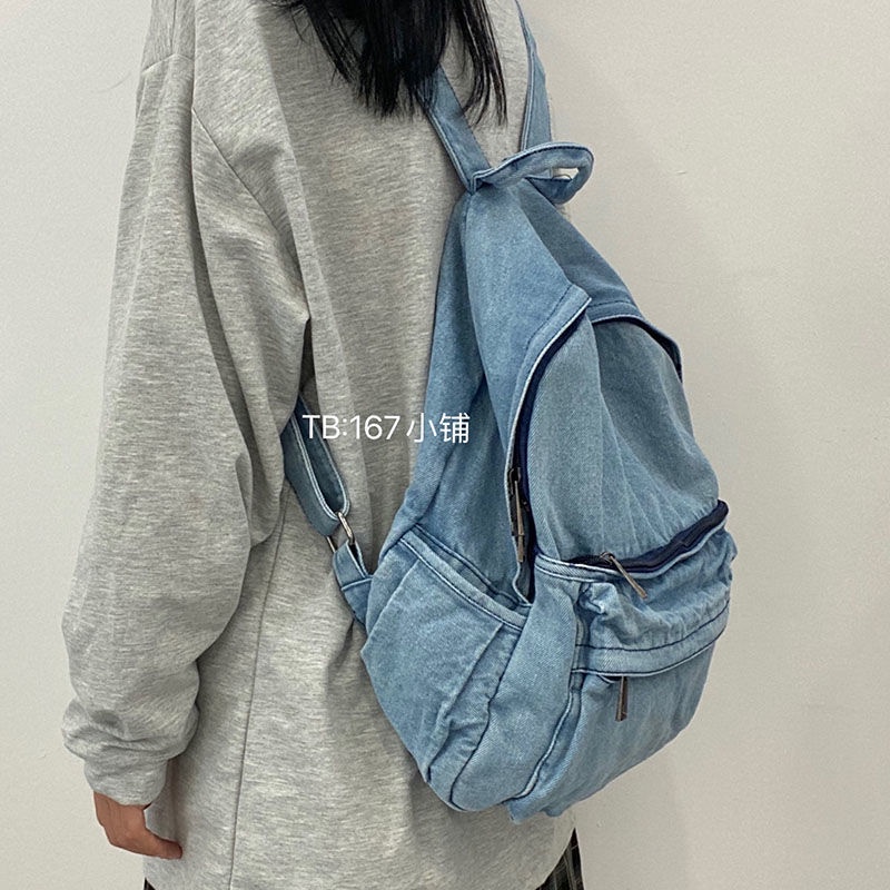 ✟ﺴSera Sera Vintage Schoolbag Wanita Gaya Jepang Sederhana dan Serbaguna Retro Malas Feng Shui Dicuci Denim Unprinted Ransel Wanita