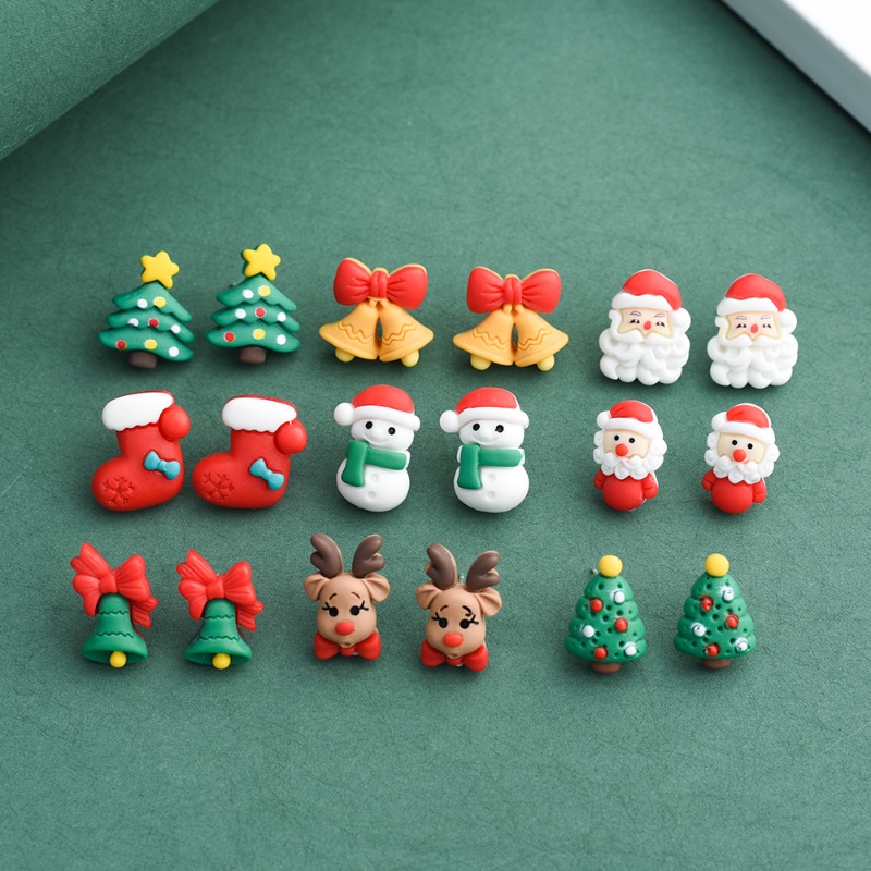 Anting Stud Desain Kartun Snowman Santa Claus Rusa Pohon Natal Bahan Resin Gaya Vintage Untuk Wanita