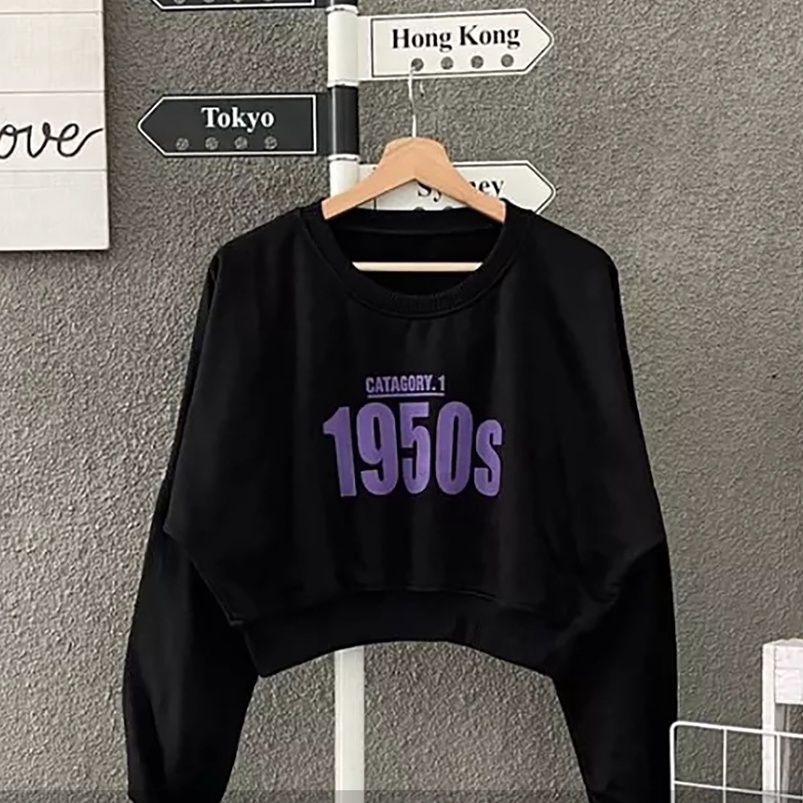 Sweater Crop Wanita | 1950s | Korean Style Cropped Sweatshirt | Baju Wanita | Bahan Fleece Tebal Dan Lembut | Allsize