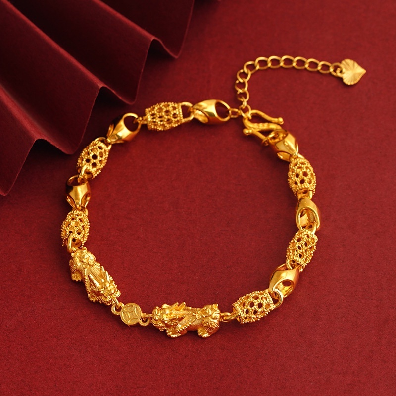 Goldkingdom Fashion Perhiasan Emas Asli Kadar 375 Bangkok Aksesoris Ready Stock Jinlinglong PI Xiu Gelang Berkah Retro Pria Dan Wanita Gelang Berongga Berdoa