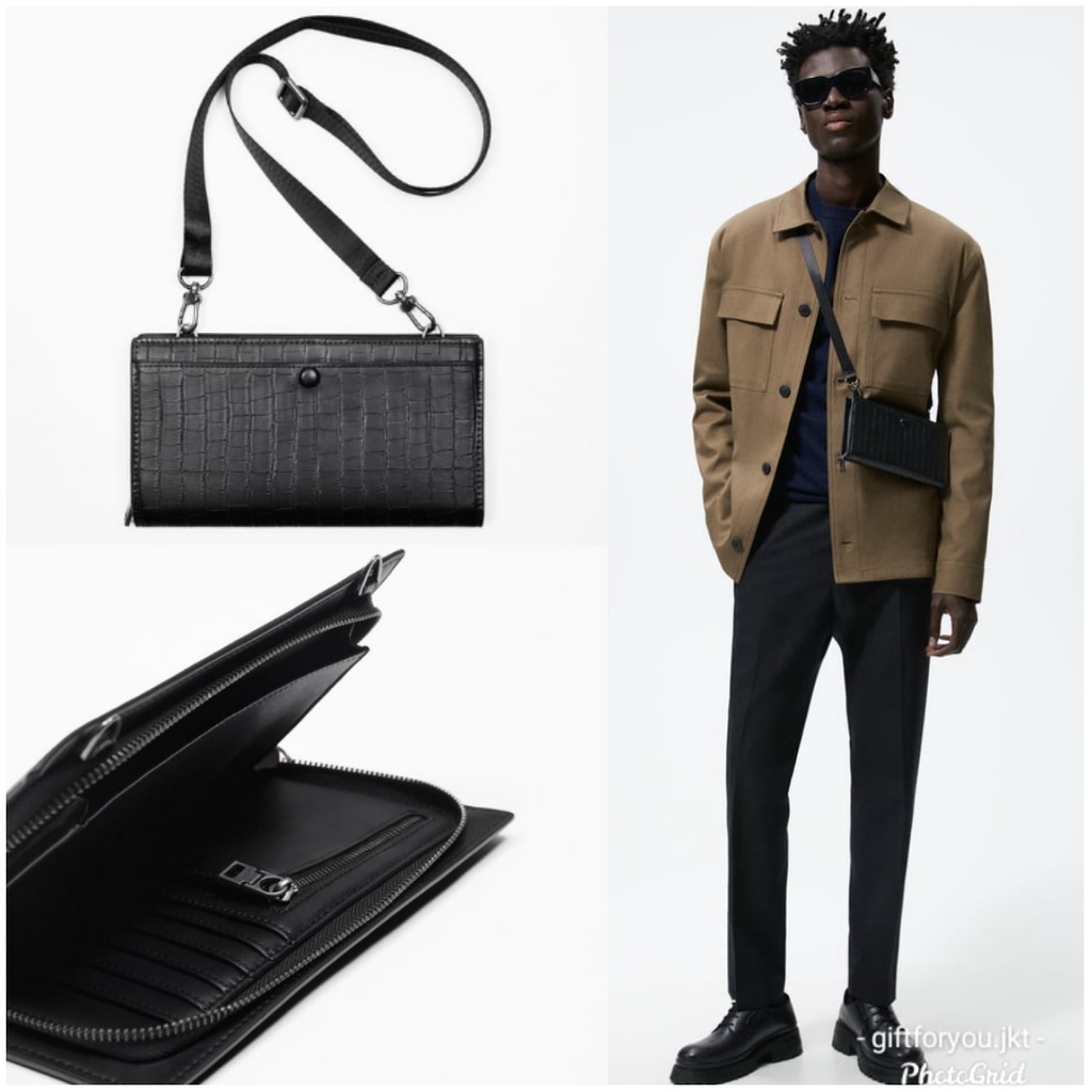 Dompet Pria Zara Man Animal Print XL Slim Wallet  Black Hitam Tas Selempang Cowok Man Crossbody Bag 