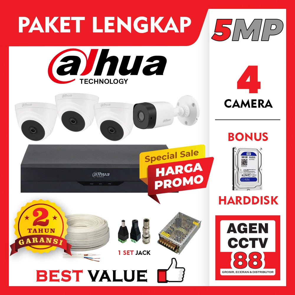 Paket CCTV DAHUA 4CH / 4 Channel 5MP Kamera Ultra HD Komplit Lengkap